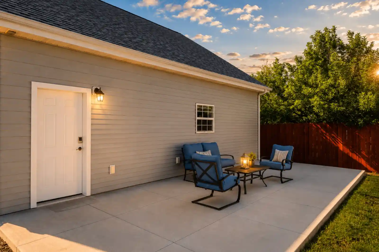 The Carriage Loft patio in Sheridan Wyoming at sunset with outdoor seating and private entrance
