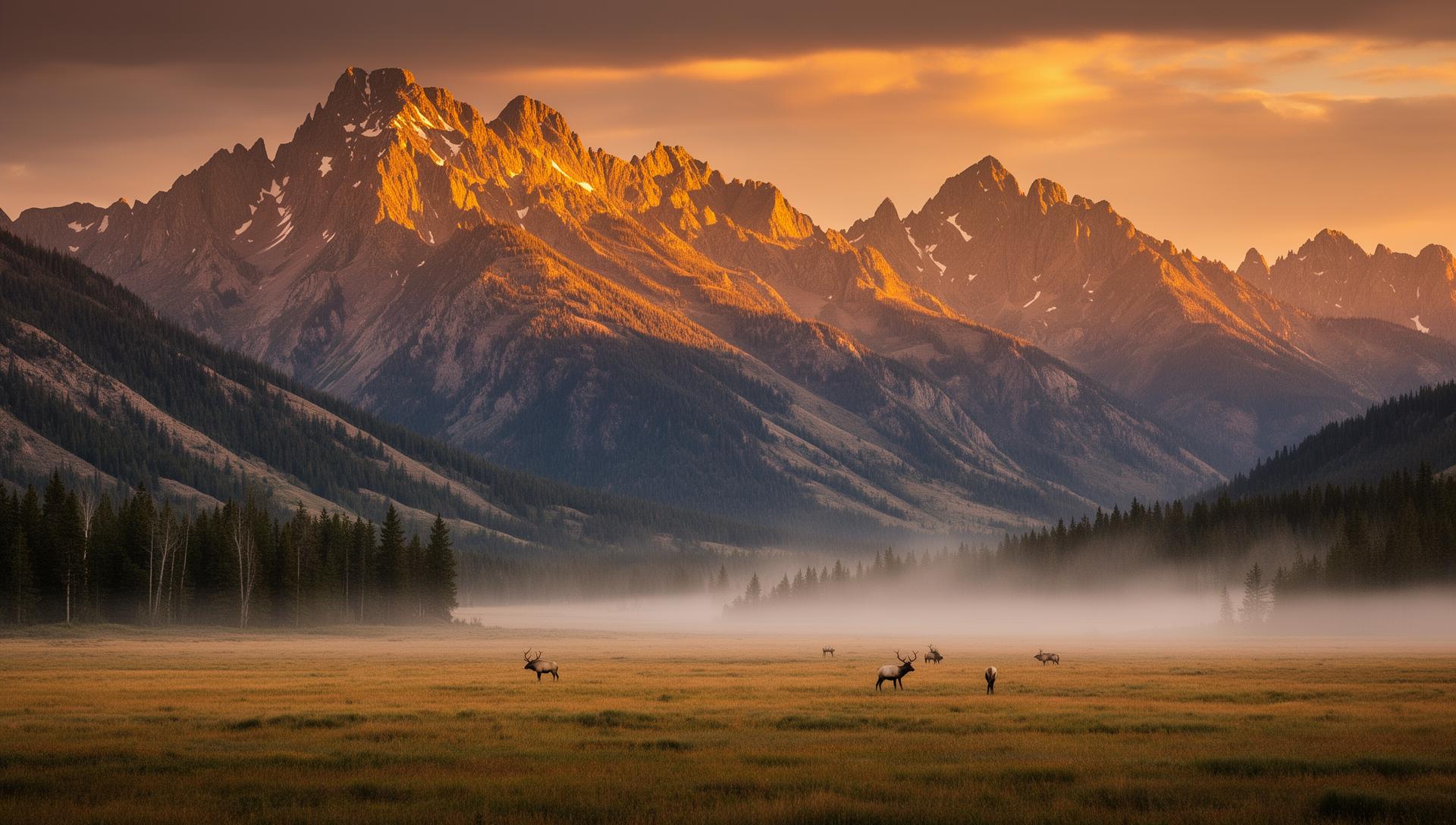 Bighorn Mountains at dawn with elk in a misty meadow